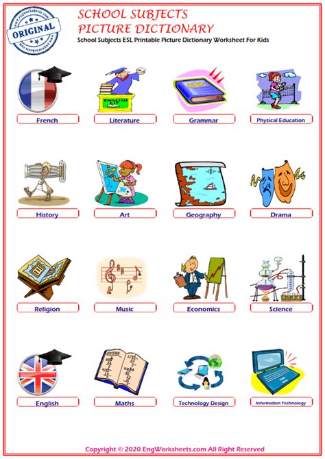 School Subjects Printable English Esl Vocabulary Worksheets Engworksheets