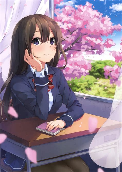 Wallpaper Anime Girl School Cherry Sakura Blossom School Uniform