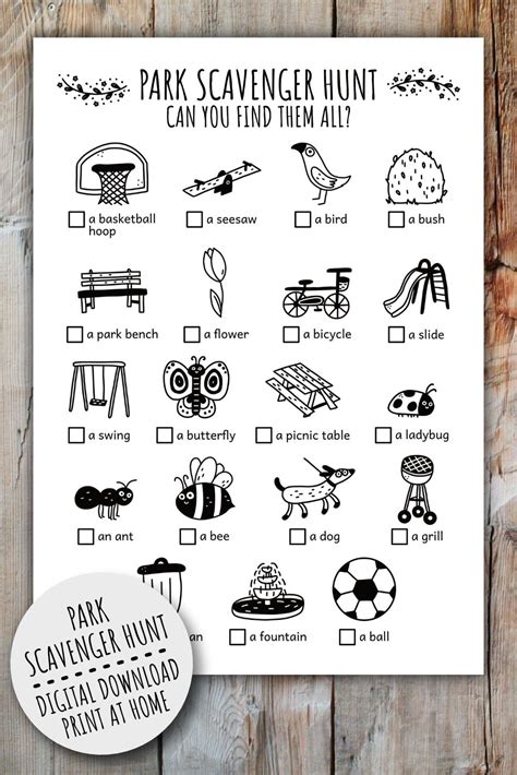 Park Scavenger Hunt For Kids Outdoors Kids Activity Printable Game