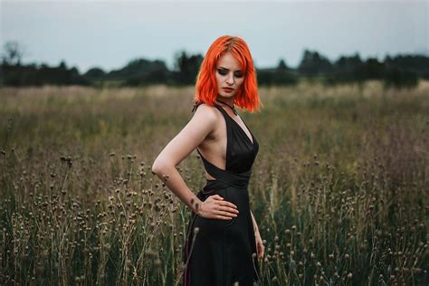 Women Redhead Women Outdoors Sideboob Hands On Hips Portrait Black Dress 2560x1707