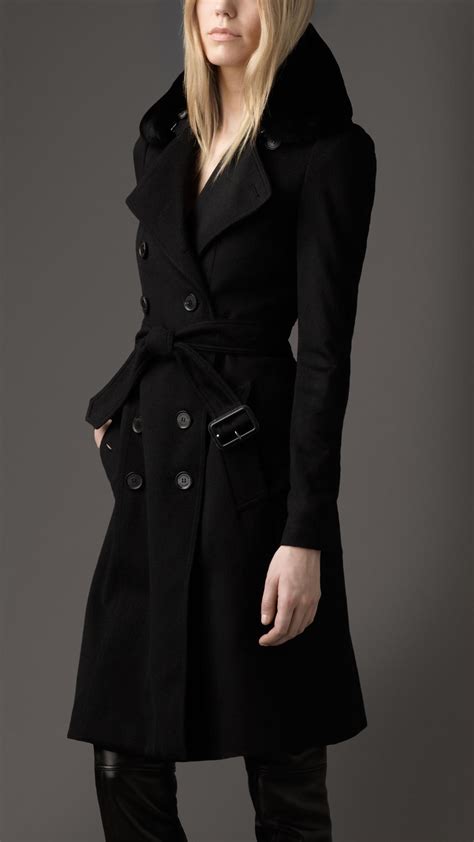 Lyst Burberry Long Fur Collar Cashmere Trench Coat In Black