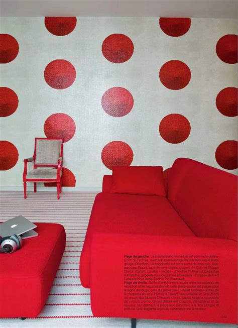 Eclectic Style Living Room With Cherry Red Couch And Fun Polka Dot