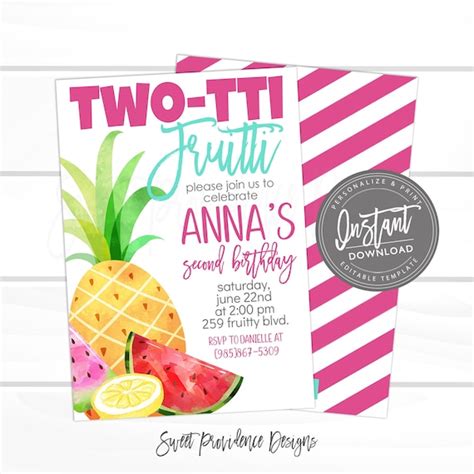 Two Tti Fruitti Birthday Party Girl Pink Tutti Fruitti Invitation 2nd Birthday Invite Digital