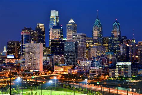 Philadelphia Skyline At Night Color Or Bw Philly Panoramic Etsy