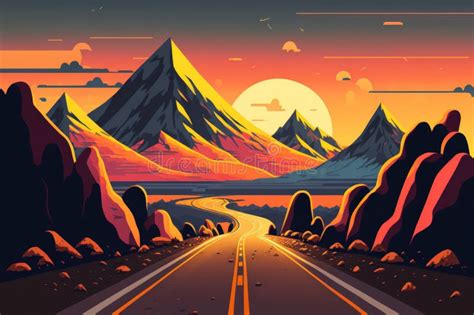 Mountain Ranges And Asphalt Road At A Stunning Sunset Stock