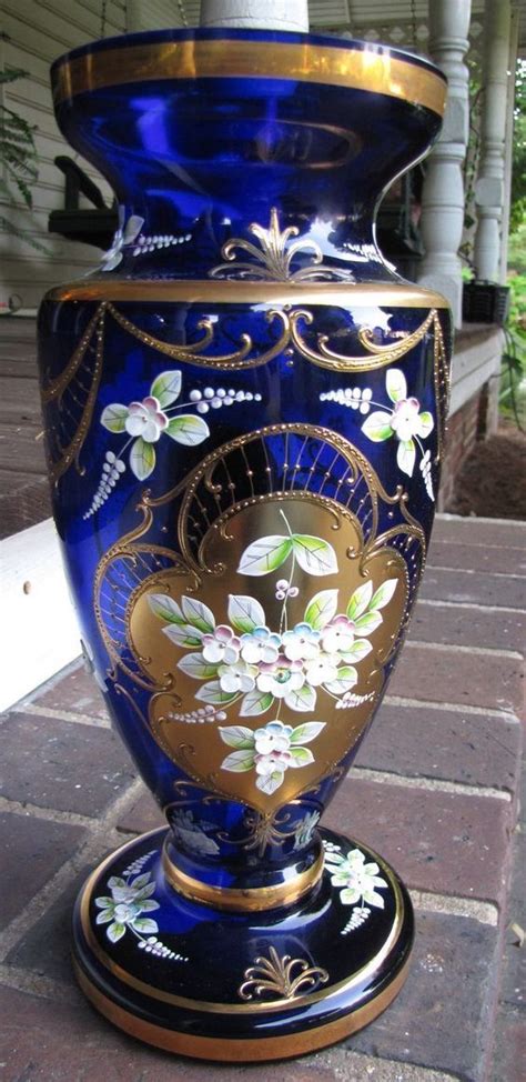 Antique Bohemian Enamel Cobalt Blue Glass Vase Cobalt Blue Vase Blue Glass Vase Blue Vase