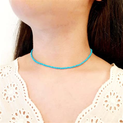 Dainty Seed Bead Choker Necklace Seed Bead Jewelry Turquoise Etsy