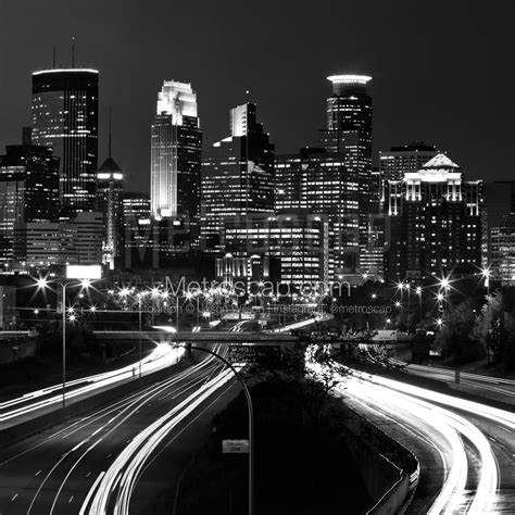 Downtown Minneapolis Skyline At Night Over 35w Black And White Photography