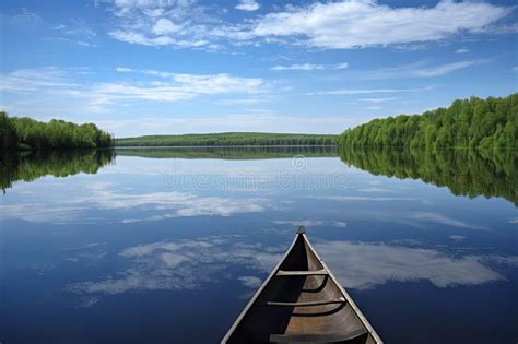 Canoe On Glassy Lake With Tranquil Reflections And Serene Blue Skies