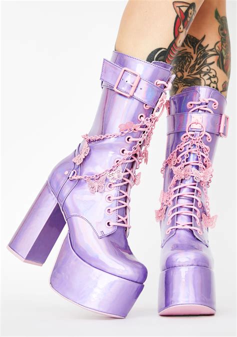 Club Exx Holographic Butterfly Chain Platform Boots Purple Dolls Kill