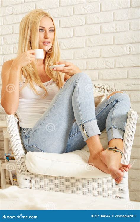 Beautiful Elegant Woman Barefoot Drinking Coffee Stock Photo Image Of