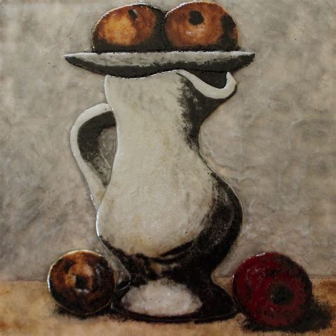 It appears to depict a table top or small sideboard, with a knife, a beer glass, two slices of sausage and a slice of cheese or pâté. Pablo Picasso Still Life Pitcher and Apples 100% fused ...