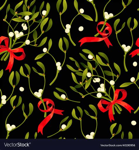 Seamless Pattern With Mistletoe And Red Bow Vector Image