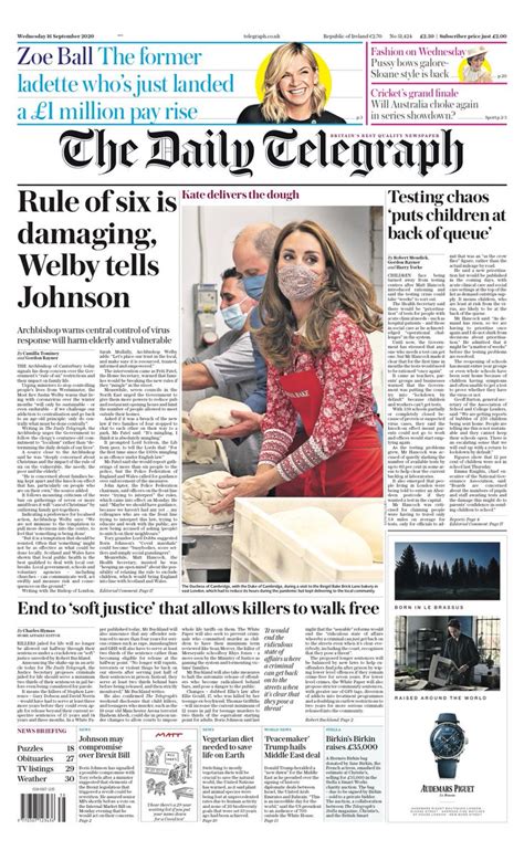 Daily Telegraph Front Page 16th Of September 2020 Tomorrows Papers