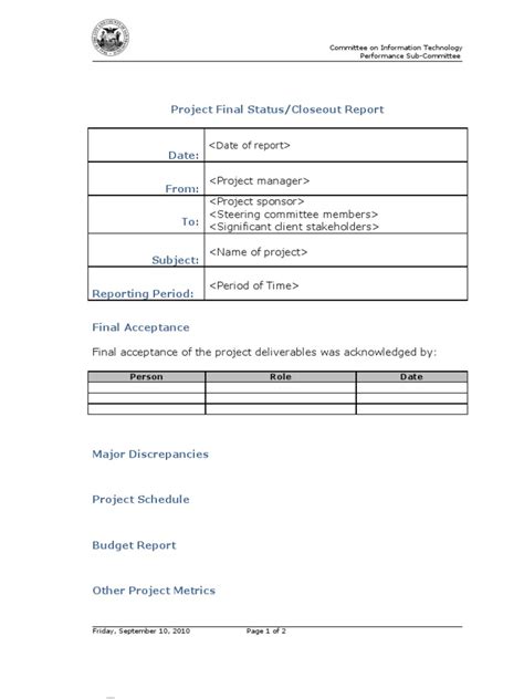 Project Final Status Acceptance Closeout Template V11