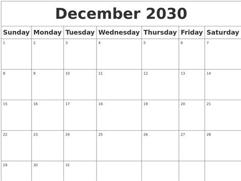 December 2030 Blank Calendar