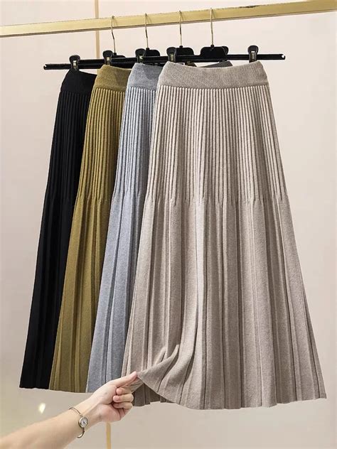 TIGENA Knitted Pleated Skirt For Women 2023 Autumn Winter Thick Warm