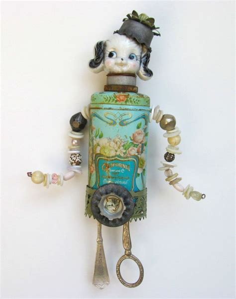 Vintage Tin Art Doll Found Object Assemblage Art Dog Assemblage Art