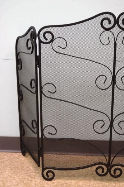Black Wrought Iron 3 Panel Fireplace Screen With Mesh Insert