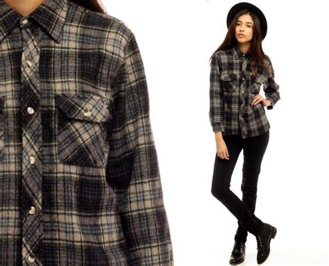 Wool Plaid Shirt 90s Grunge Flannel Grey Long Sleeve Button Up