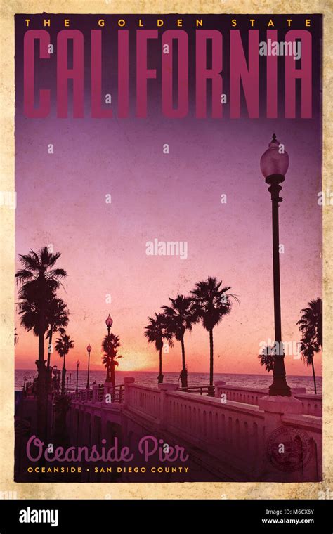 Vintage Travel Poster Or Advertisement Of Sunset Of Oceanside Pier With