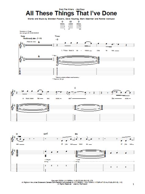 All These Things That Ive Done Sheet Music The Killers Guitar Tab