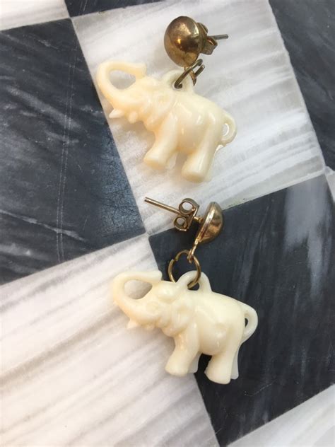 Vintage Faux Ivory Elephant Charm Earrings Mid Century Plastic Jewelry
