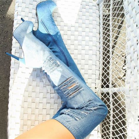 Glue gun boots scissors shoelaces jeans eyelets diy kim kardashian jean boots. Thigh High Distressed Denim Platform Boots Pictures ...