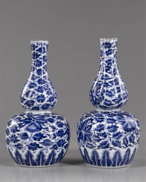Two Chinese Blue And White Double Gourd Vases