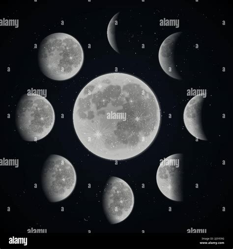 Moon Phases Set On Dark Space Background With Stars Realistic Vector