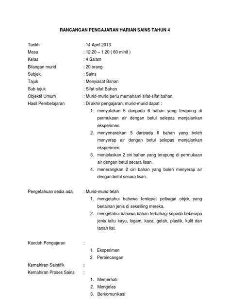 RPH Sains Tahun 4  Sifat Bahan (Terapung  PDF