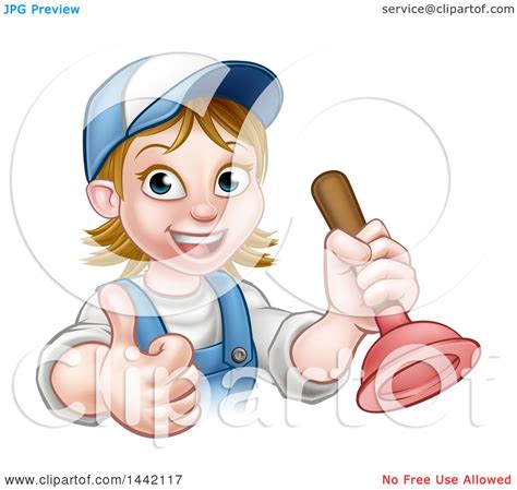 Clipart Of A Cartoon Happy White Female Plumber Giving A Thumb Up And