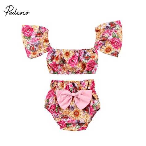 Us Stock 2pcs Baby Girls Summer Clothes Set Off Shoulder Floral Print T