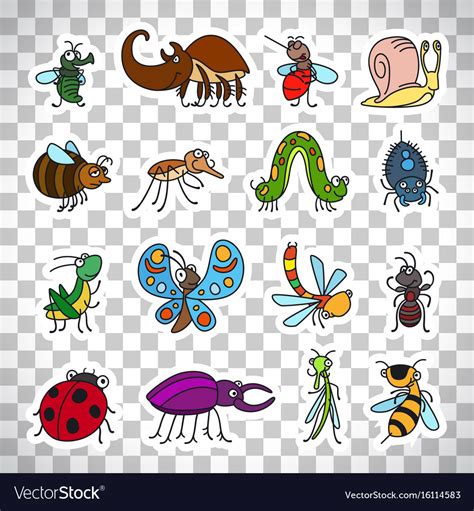 Funny Insects Stickers On Transparent Background Vector Image