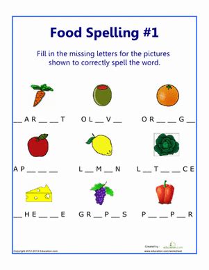 There are 36 weeks of first grade worksheets, following most standard school. Food Spelling #1 | Worksheet | Education.com