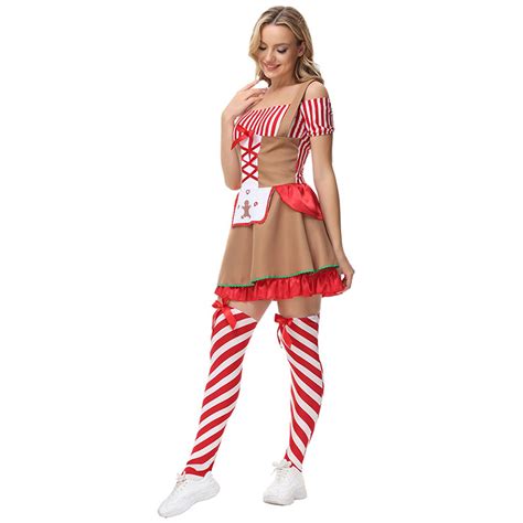 Lovely Santa Girl Red And White Striped Off Shoulder Dress Gingerbread Man Christmas Costume Xt21626