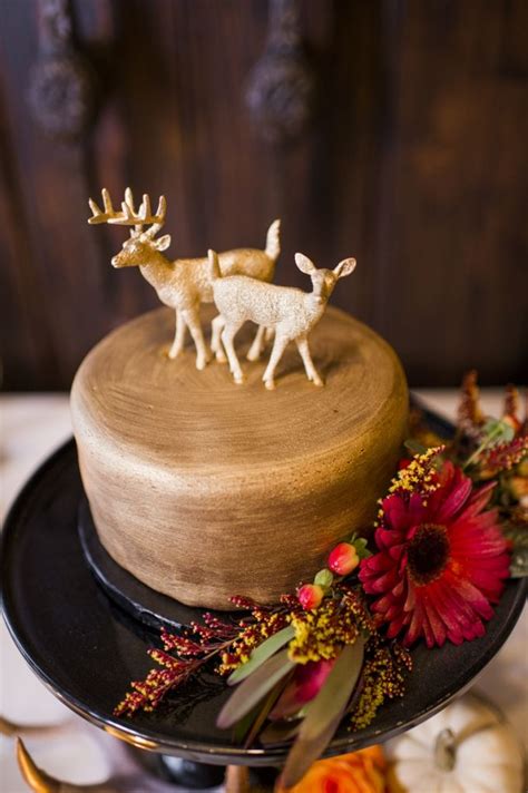 Rustic Gold Wedding Cake With Deer Cake Toppers Deer Pearl Flowers
