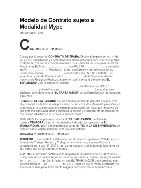 Modelo De Contrato Sujeto A Modalidad Mype Pdf Derecho Laboral
