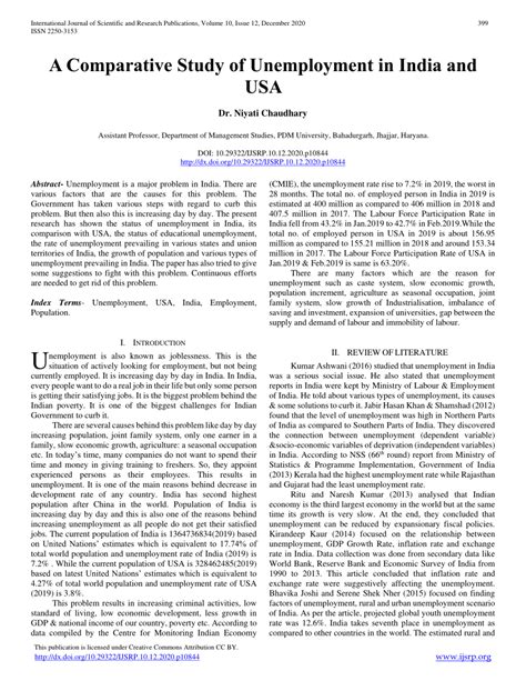 Pdf A Comparative Study Of Unemployment In India And Usa