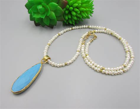 Pearl Necklace Turquoise Pendant Gold Etsy