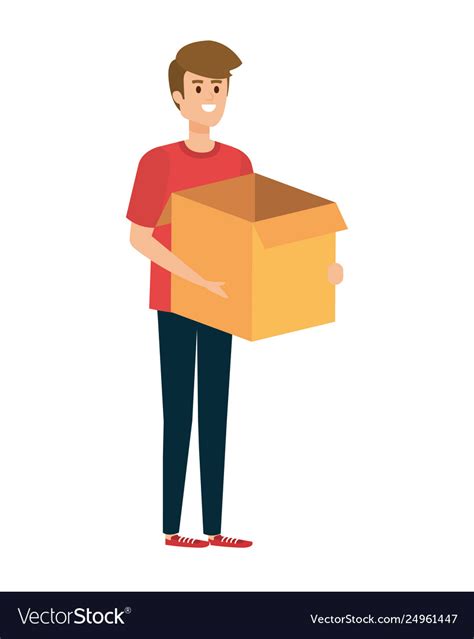 Young Man Lifting Box Carton Royalty Free Vector Image