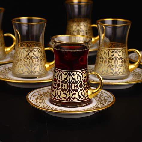 Andalusia Gold Tea Cups With Holder Thin Waist Turkish Tea Gold Design