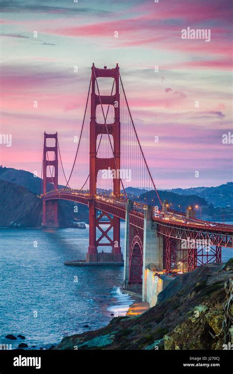 classic panorama view of famous golden gate bridge seen from scenic baker beach in beautiful