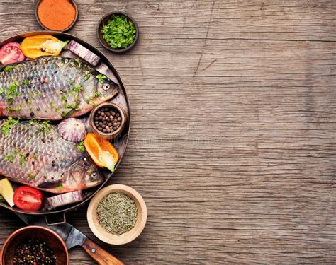 Fresh Raw Fish And Food Ingredients Stock Image Image Of Peppercorns