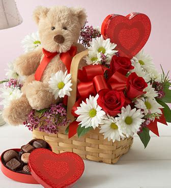 For flowers are so romantic, chocolates are so sweet, and teddy bears are huggable! best valentine flower in basket with teddy bear and heart ...