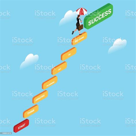 Businesswoman Climbing The Stairs To Success Isometric 3d Stock
