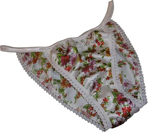 Shiny Satin String Bikini Mini Tanga Panties Floral Print With Ivory