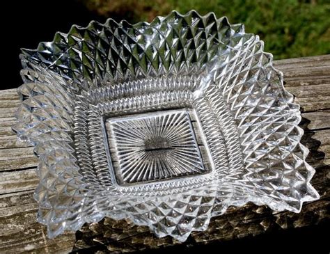 Pressed Glass Bowl Ornate Candy Dish Vintage Fanned Scalloped Edged