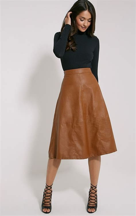 Alison Tan PU A Line Skirt Skirts PrettybabeThing A Line Skirt Outfits Leather A Line