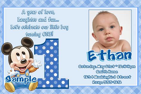 The big one only comes around once. 1 Year Old Birthday Invitation Card Sample Baby Mickey 1st ...